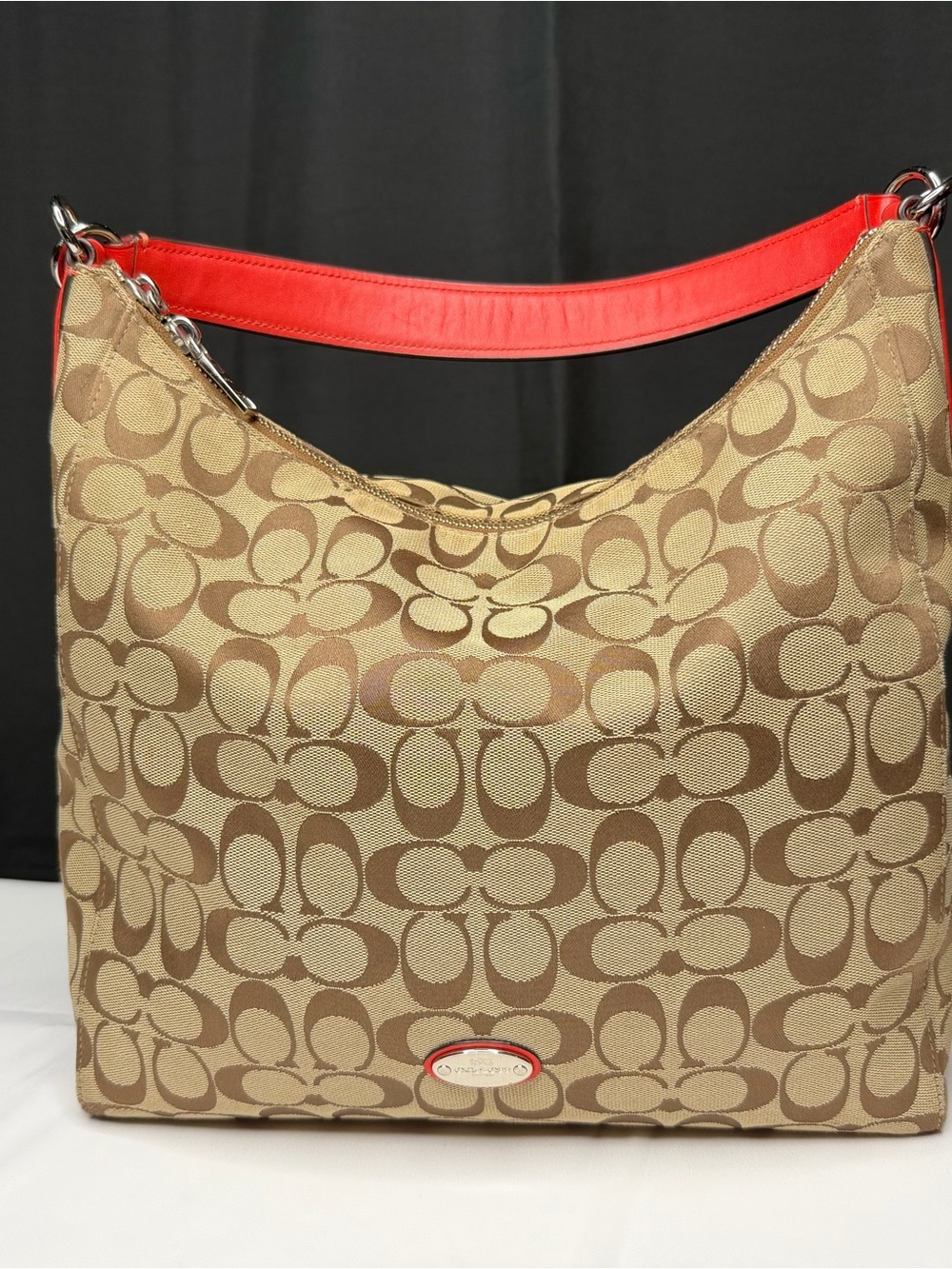 Coach Tan Signature Jacquard Hobo with Red Strap
